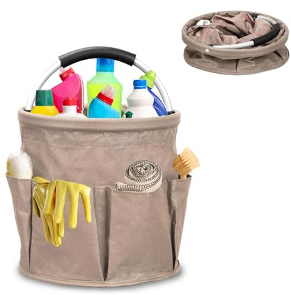 Yallmie 17L Cleaning Caddy Organiser, cleaning organiser bag Collapsible Cleaning Bag, Cleaning Products Organiser Multi Pocket Foldable Cleaning Bucket for Picnic Bath Shopping (Khaki)