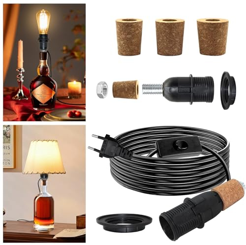 Support Lampe Bouteille, E14 Adaptateur Bouteille pour Douille de Lampe, Kit Lampe Bouteille avec Cable et Interrupteur 240 cm, DIY Lampe Bouteille avec 3 Tailles de Bouchon,Sans Ampoule ou Abat-jour