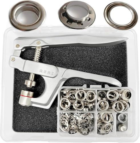 10 mm öljetttänger set med verktyg, silver, grommad, reklamöglor, set med tyllar, justeringsverktyg för tyger, segeldukar, presenning, markiser, tält, banderoll och utomhusreklam (silver med täng)
