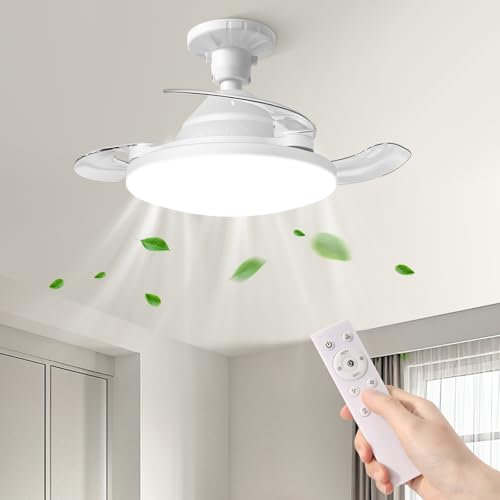 YISUN Ventilatore da Soffitto con Luce LED, 57CM Ventilatore da Soffitto con Invisibile Pale Retrattili, E27 Silenzioso Lampadario con Telecomando,Tempistica, 3 Tonalità Dimmerabile & 3 Velocità