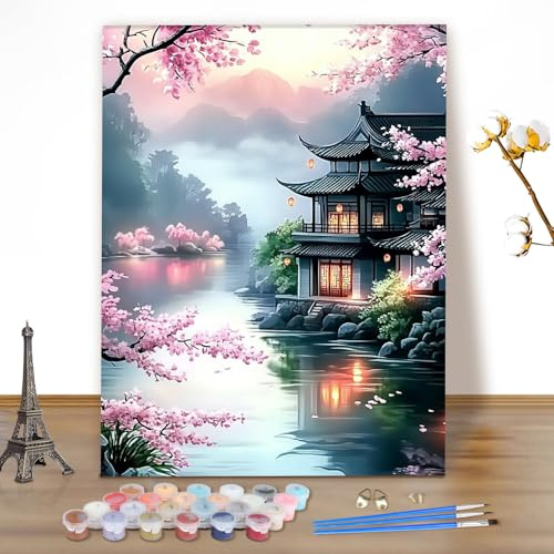 MEIYUDA Pintar por Numeros Adultos, DIY Paisaje Painting by Numbers Kits Cuadros por Numeros, Pintura de Bricolaje Sobre Lienzo con Pinceles Decoración para el Hogar 40x50cm(sin marco)