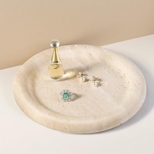 Koville Italian Round Travertine Tray, 8 Vanity Decorative Marble Tray for Countertop, Catchall for Perfume, Candles, Jewelry Dish