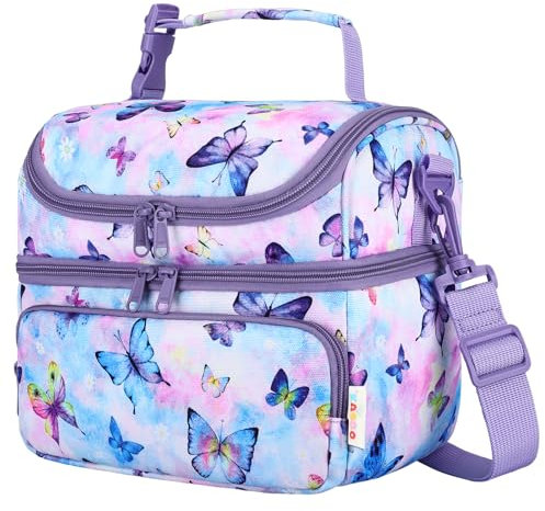Kasgo Borsa Termica Bambini, Borsa Frigo a Due Piani Bambino Bambina Grande Borsa Termica Porta Pranzo Portamerenda con Tracolla Regolabile per Scuola Campeggio Farfalla