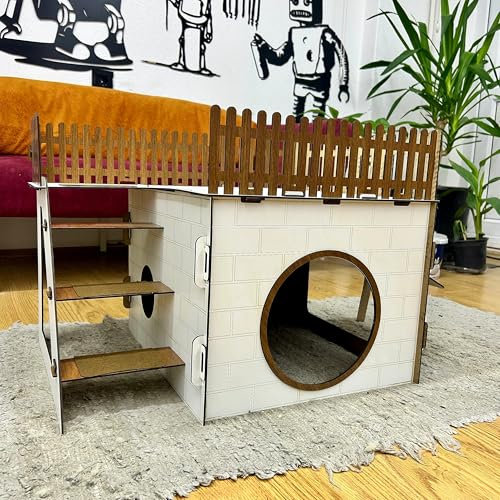 TERAS Kaninchenhaus aus Holz – Hasenhaus mit großer Terrasse & schwingender Tür – Kaninchenmöbel für 1–2 Kaninchen oder Chinchillas – Natürliches & sicheres Design (weiß-Nussbaum, N)