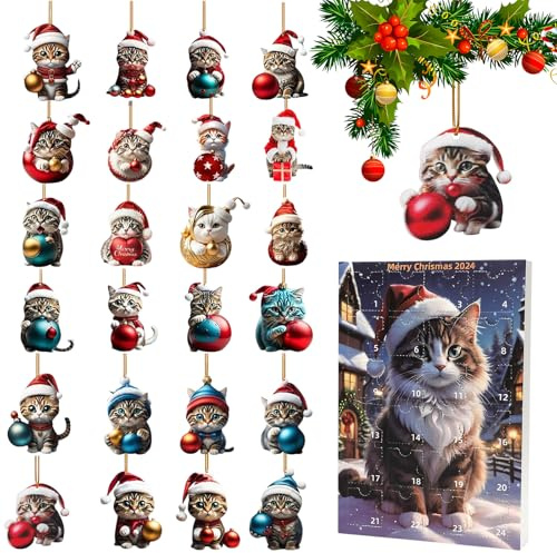 RANJIMA Weihnachtsbaum Katzen Anhänger, 24 Tage Katzen Adventskalender,Weihnachtsbaum Deko Katzen,2D Acryl Katzen-Hängeanhänger,Katze Weihnachtsbaumschmuck für Veranda,Büro,Wohnheim,Eranda,Flur,Urlaub