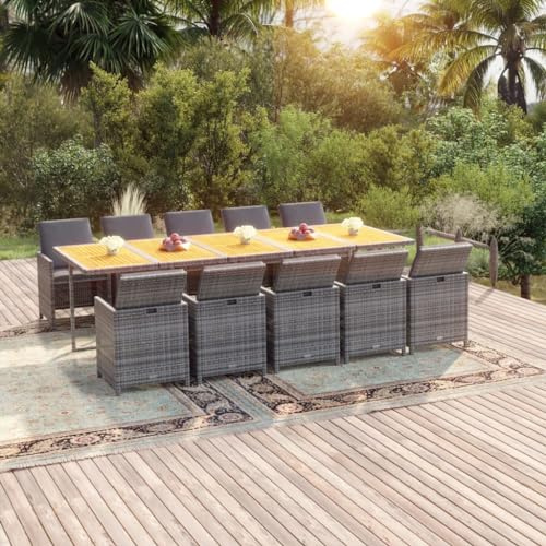 11-TLG. Gruppo da giardino in rattan PE resistente alle intemperie, grigio, con tavolo estraibile e 10 sedie, con imbottitura spessa, ideale per patio e patio