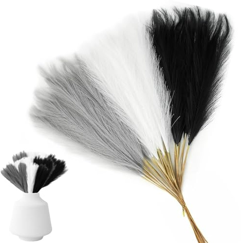 Artificial Pampas Grass,15PCS Pampas Grass Plant, Vase Filler Faux Pompous Grass,White/Black/Grey Artificial Pampas,Branches Bouquet Flora Feathers Decoration for Living Room, Home, Floor Vase, Weddi