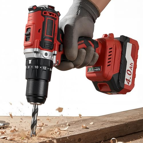 Cordless Hammer Drill, 120Nm 1/2 Brushless Impact Drill, 21V Electric Power Drill with 2 4.0Ah Battery, 32 drill bit&socket set, 2 Variable Speeds, 20+3 Torque Settings, for Concrete Brick Metal Wood