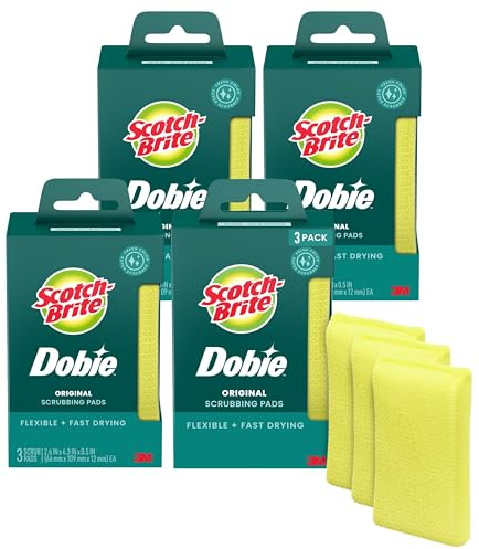Scotch-Brite Dobie Non-Scratch All-Purpose Scrub Pads, 12 Total Pads (4 Packs of 3), Reusable Scouring Sponges for Kitchen & Bathroom, Safe on Non-Stick Cookware