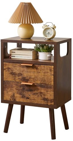 Aibiju Mesita de Noche, Mesas de Noche de Madera con 2 Cajones, Patas de Madera Maciza, Mesa Auxiliar con Almacenaje para Salón, Dormitorio o Sofá, 40x29x63 cm, Marrón Rústico YD-TM063H