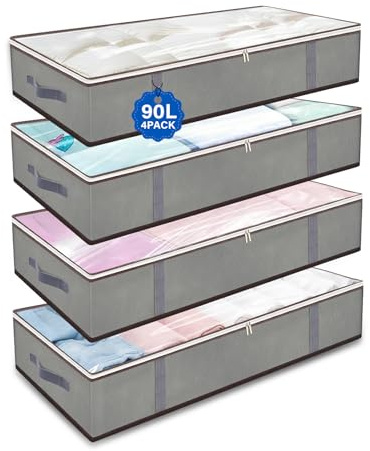 Alitree 4 Pièces Sac de rangement sous lit, 90L Bacs de Rangement sous le Lit, Bacs de Rangement Sous le Lit pour Vetements, pour de Couette Vêtements,Draps, Vêtements