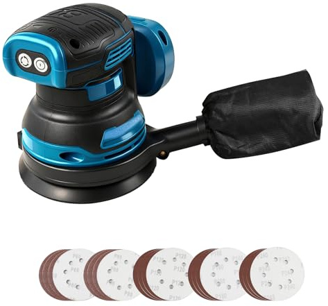 Lijadora excéntrica inalámbrica compatible con batería Makita de 18 V, disco de lijado de 125 mm, motor sin escobillas, lijadora orbital eléctrica, 3 niveles de potencia con 20 papeles de lija