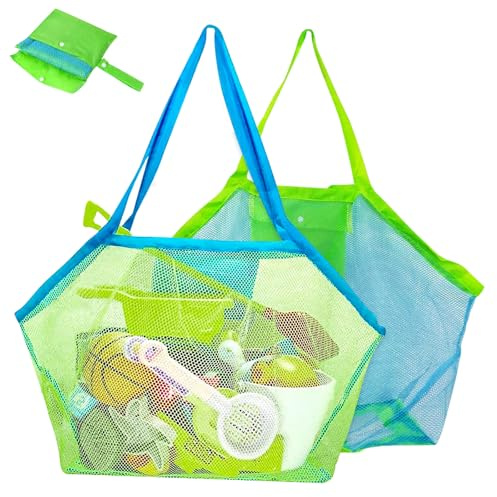 Strandspielzeug Tasche, 2 Stück Strandtasche Netztasche Tasche, Sandspielzeug Wasserspielzeug, Wiederverwendbare und Faltbare Kinder Aufräumsack für Strandurlaub im Freien