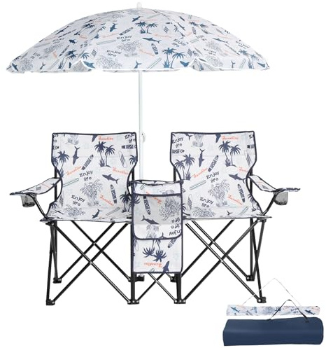 Outopee Double Camping Chair, Folding Loveseat Chairs with Detachable Umbrella, Cooler Bag, Cup Holders & Carry Bag, Portable Outdoor Loveseat for Beach, Fishing, Picnic, Patio, Coconut Tree