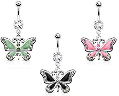 Paula & Fritz® Bauch-nabelpiercing Chirurgenstahl Schmetterling Anhänger Zirkonia Silber Set Banane Bauch-Piercing Bananabell Nabel-Piercing 10-mm Stab