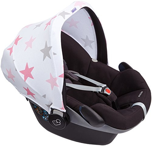 Dooky – Funda universal para Maxi COSI Cabrio/CabrioFix/Pebble/Citi, Römer y otros asientos de coche de bebé Grupo 0+ como protección solar/dosel solar/protección contra la lluvia – blanco con estrellas rosas