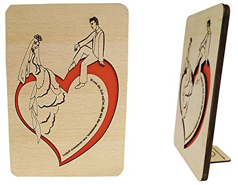 LIN-HolzkartenGrußkarten aus Holz, Hochzeitskarten mit Spruch, Glückwunschkarten Hochzeit, Grußkarten mit Sprüchen, 3D Karten Hochzeit, Brautpaar auf Herz (N603)
