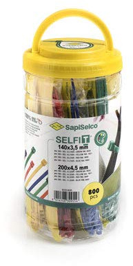 SapiSelco Kabelbinder-Sortiment (800 Stück, Farben grün, gelb, rot, blau, Größen 3,5x140 / 4,5x200, chemikalienbeständig, farbecht, robust) 491164