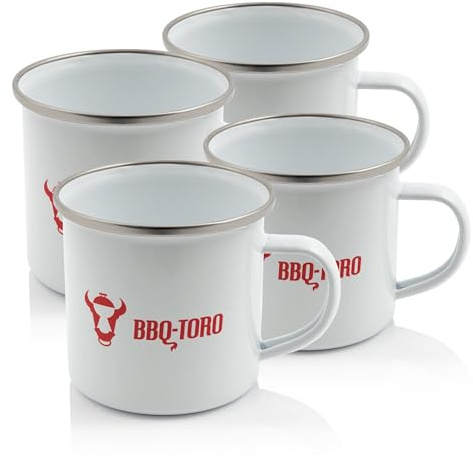 BBQ-Toro Emaille Tasse (4 Stück) | 350 ml - weiß | Emaillebecher mit Edelstahl Trinkrand | Emaille Becher, Camping Kaffeebecher Metall, Outdoor Tasse | Camping Zubehör