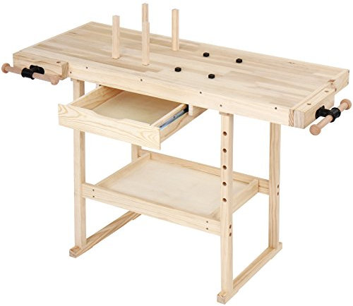 TIMBERTECH® Tavolo da Falegname - in Legno di Pino, con Cassetto e Ripiano, 2 Morsetti, 4 Pioli, Portata Massima 200kg - Banco da Lavoro, Officina