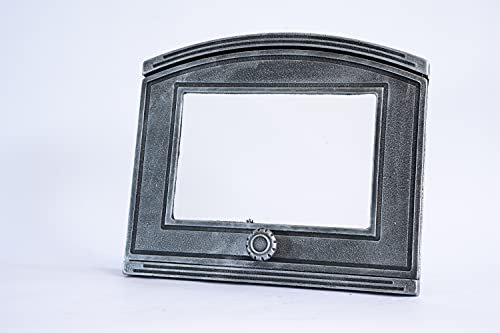 SEZAM Porte de four en fonte avec vitre en verre résistant à la chaleur, porte de four à pizza - four à pain - porte de four en pierre, 37 x 6 x 31,5 cm - demi-cercle, peinture argent antique
