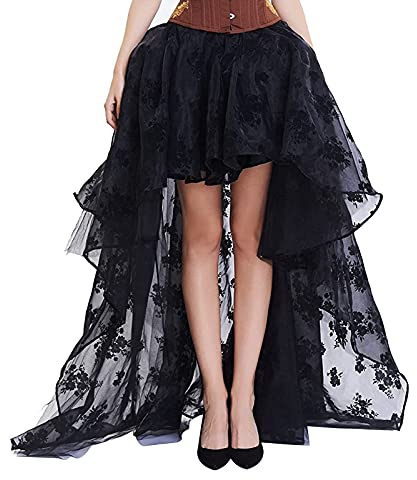 FeMereina Womens Gothic Tulle Tutu Long Skirt High Waist Mesh Embroidery Ruffle Skirts High Low Ruffles Wedding Puffy Maxi Dress (Black, Medium)