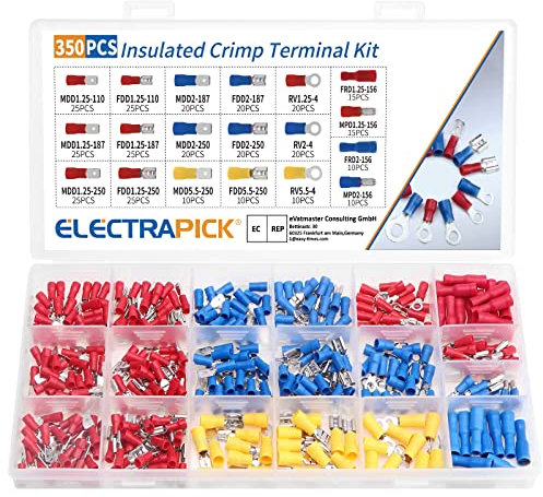 ELECTRAPICK 350Pcs Crimp Connectors, Electrical Connectors Insulated Crimp Ring/Male/Female/Bullet Butt Splice Terminal Connectors 0.5-1.5/1.5-2.5/4-6mm² Wire Terminal Connectors Assortment Kit