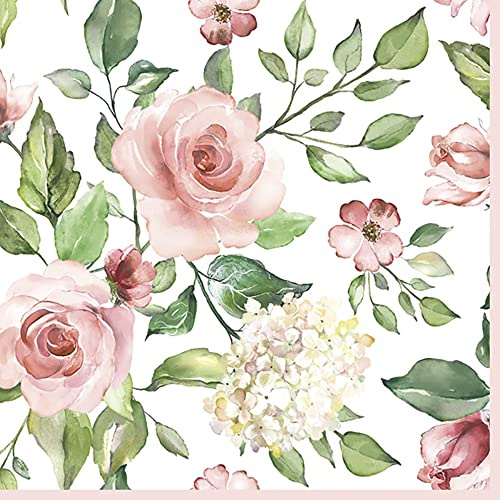 Maki Lot de 20 serviettes en papier de soie 3 plis pour découpage, déjeuner, 33 x 33 cm (roses aquarelles avec hortensia)