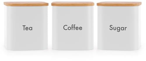 Ehc Tea, Coffee, Sugar, Canister Set, Storage Canister Set - Easy to Open Airtight Lids - Storage Tea, Sugar, & Coffee - Set of 3 Canisters, White