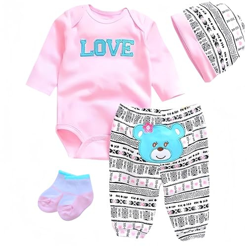 Vestiti per Bambole Reborn Bambola da 43-55 cm, Carini Orso e LOVE Motivi Vestiario in Cotone Morbido, Abbigliamento Accessori Neonato per Ragazze e Ragazzi 4 pezzi