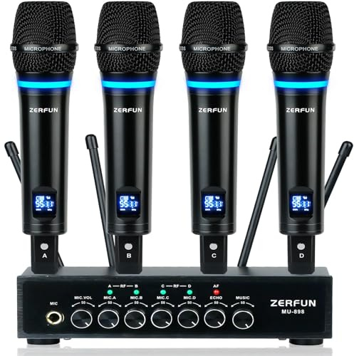 MELKESDE ZERFUN 4-Kanal UHF Wireless Mikrofon System Wiederaufladbar, Metall Handheld Wireless Mikrofone Kabellose Mikrofone Professional mit Echo Bluetooth Lautstärkeregler für Karaoke Singen Kirche