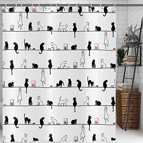 Hnmdmyi Duschvorhang Lustige Katze 180x180, Schwarz und Weiß Badewanne Vorhang Abstrakte Kitty Silhouette Schwarze Katze Haustier Niedliche Kinder Wasserdicht Polyester Stoff Waschbar Badevorhang