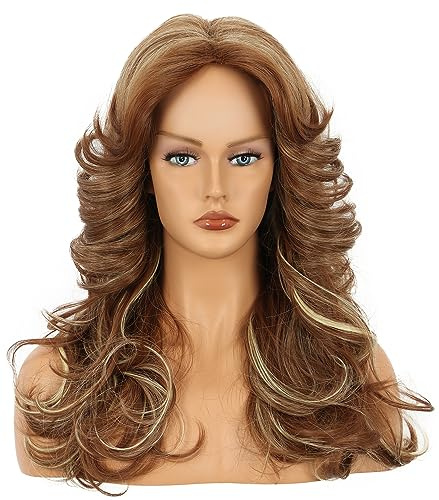 Yuehong Damen Lange Lockige Dunkelbraune Perücke 70er 80er Disco Perücke | Retro Gefiederte Haare mit Hitzebeständigen Synthetischen Fasern für Cosplay Party