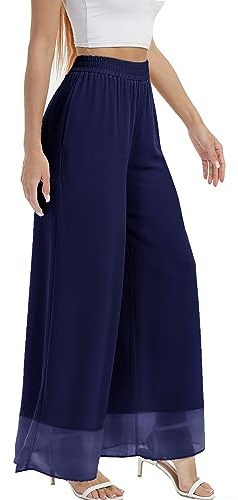 zsangbee Pantalon Palazzo à Jambes Larges en Mousseline de Soie pour Femme, Ample, pour fête, Mariage, Tenue décontractée, Bleu Marine, Taille 3XL