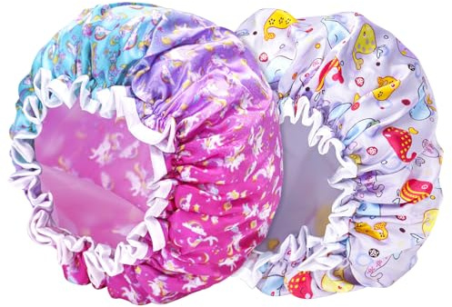 G2PLUS 2 Stück Kinder Duschhaube, Karikatur Dusche Kappen für Kinder, Elastische Wasserdichte Duschhaube, Doppellagige Duschhaube Kinder mit Einhorn für Mädchen