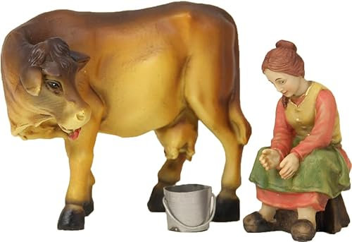 FADEDA 3 figuras de belén con vaca ordeñando/altura: 9 cm/pintadas a mano/detalladas figuras de belén - decoración de mesa de Navidad accesorios de pesebre