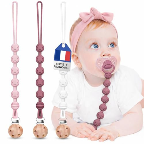 Attache Tetine (3 Couleurs) Attache Sucette - Accroche Tétine Bebe - Lot De Accroches -Tétines En Silicone De Haute Qualité (Rose foncé/Rose clair/Blanc)