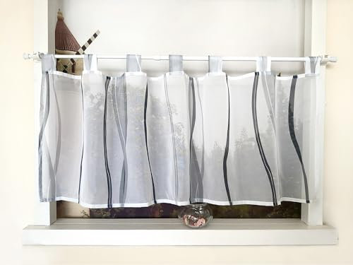 Devola Scheibengardine mit Wellenmuster Gardine Druck Kurzstore mit Schlaufen Küchengardine Kurz Modern Voile Bistrogardine Transparent HxB 45x90cm Grau 1 Stück