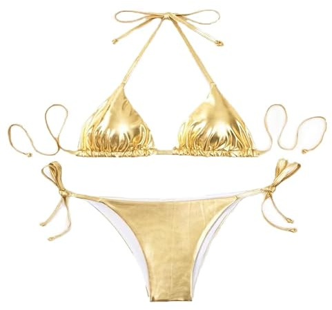 THSCWY Dam metallisk bikini grimma topp tvådelad baddräkt slips sida triangel bikini med vadderad, Guld, L