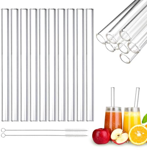 Glasstrohhalme 10 Stück, Strohhalme Glas Wiederverwendbar 21,5 cm Lange Gerade Glas Strohhalme Transparent mit 2 Reinigungsbürsten,für Cocktails,Bubble Tea,Smoothie und Säfte