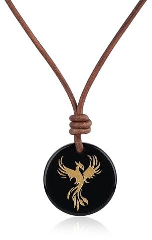 COAI Collar de Cuero para Hombre, Collar de Cuero Italiano Auténtico con Colgante de Obsidiana Negra con Fénix