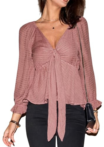 CUPSHE Langarm Bluse Damen mit Tie Front und Rüschen, V-Ausschnitt, gewebt, Elegante Oberteile für Büro und Abend, Altrosa, M