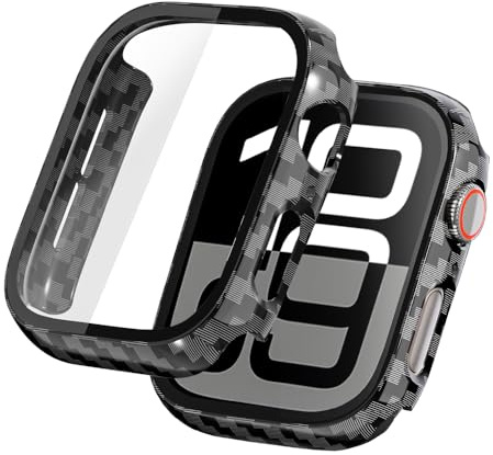 LINTEKER 2 Pack Hard Case for Apple Watch Series 11 (2025) / Series 10 Screen Protector 42mm, with 9H Tempered Glass Screen Protector, Full Protective Cover for iWatch Accessories 42mm, Carbon Fiber