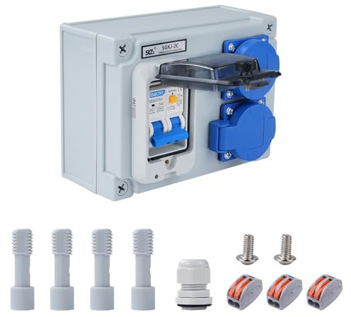 Buyweek Wandverteiler 16A 250V Baustromverteiler 2-Polig Stromverteiler IP54 Wasserdicht Baustromverteiler mit 32A 1P+N FI Schalter Starkstrom Verteiler mit 2 Schuko-Steckdosen