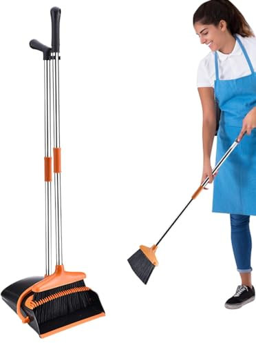 Escoba de pie y pala para polvo, conjunto de pala y escoba de pie - Escoba y pala de polvo plegable de mango largo | Herramienta de limpieza del hogar para barrido de casa, interior y