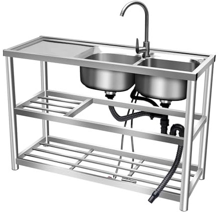 Fregadero de acero inoxidable de dos senos, independiente, para uso comercial, para cocina de restaurante, con grifo y escurridor, lavabo de 2 compartimentos con banco de trabajo y estantes de almace