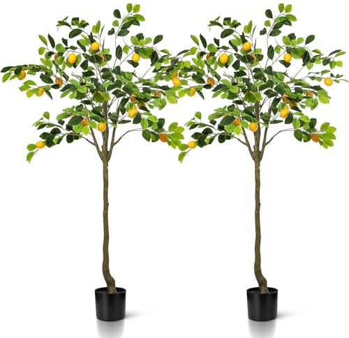Jexine 2 Pack Artificial Lemon Tree 5 ft Tall Fake Plant Pre Potted Faux Lemon Tree Realistic Fruits for Indoor Home Decor Office Living Room