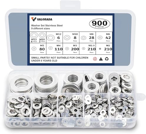 900Pcs Washers for Screws & Bolts, Flat Penny Washers Stainless Steel with 9 Sizes M2 M2.5 M3 M4 M5 M6 M8 M10 M12 Flat Metal Washer Assorted