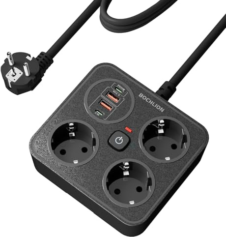 Ciabatta Multipresa con 4 USB, BOCHLION 3 Presa Multipla Salvaspazio con Protezione Sovratensione, PD20W e QC3.0 Ricarica Ciabatta Elettrica Multipresa Cavo 1.8 m per Ufficio Casa, Nero