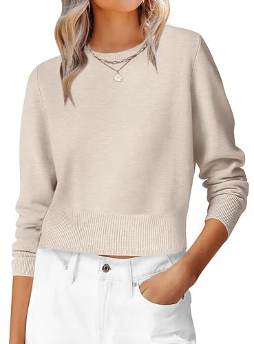 ANRABESS Women’s Long Sleeve Sweaters Cropped Crew Neck Business Casual Light Weight Sweater Tops Fall Fashion Clothes 2025 Light Almond L